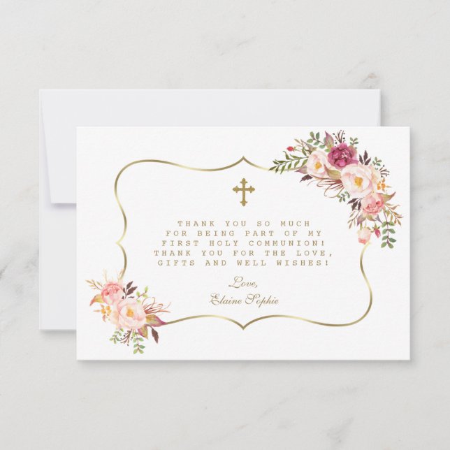 Chic Blush Pink Flowers Gold Cross Holy Communion Thank You Card (Front)
