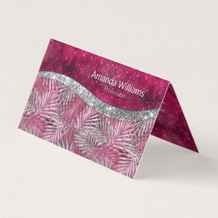 Chic blush pink fuchsia glitter leaves monogram business card