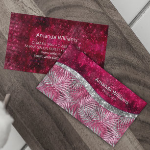 Chic blush pink fuchsia glitter leaves monogram business card