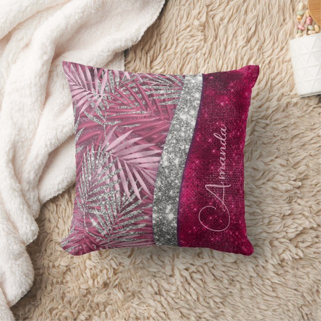 Chic blush pink fuchsia glitter leaves monogram cushion (Blanket)