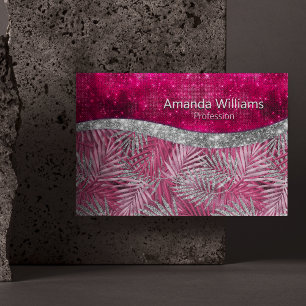 Chic blush pink fuchsia glitter leaves monogram 	Magnetic business card