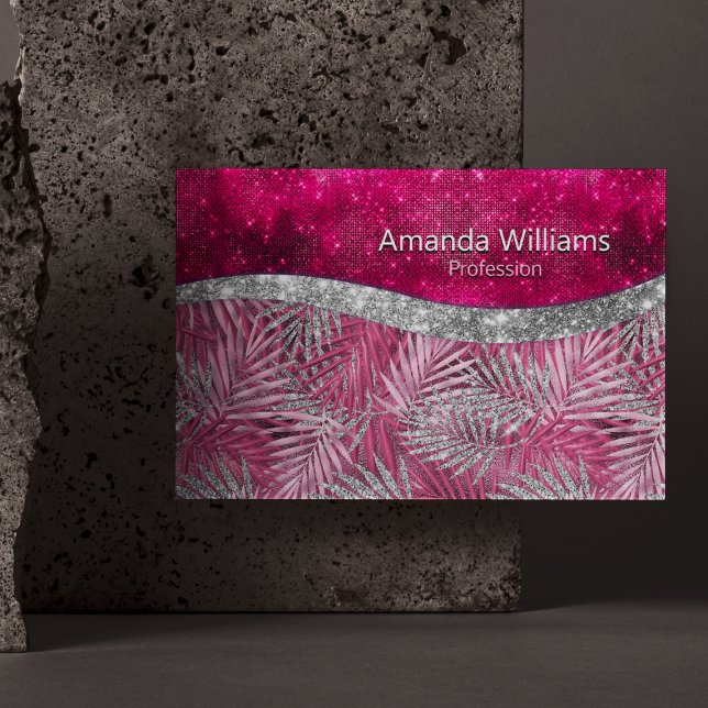 Chic blush pink fuchsia glitter leaves monogram 	Magnetic business card (Creator Uploaded)