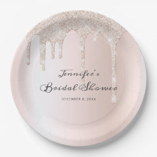 Chic Blush Pink Glitter Drips Script Bridal Shower Paper Plate