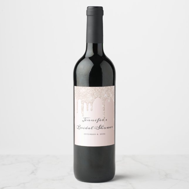 Chic Blush Pink Glitter Drips Script Bridal Shower Wine Label (Front)