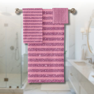 Chic Blush Pink Glitter Style Vertical Stripes Bath Towel Set