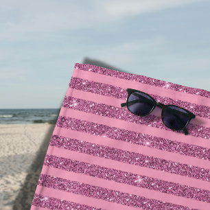 Chic Blush Pink Glitter Style Vertical Stripes Beach Towel