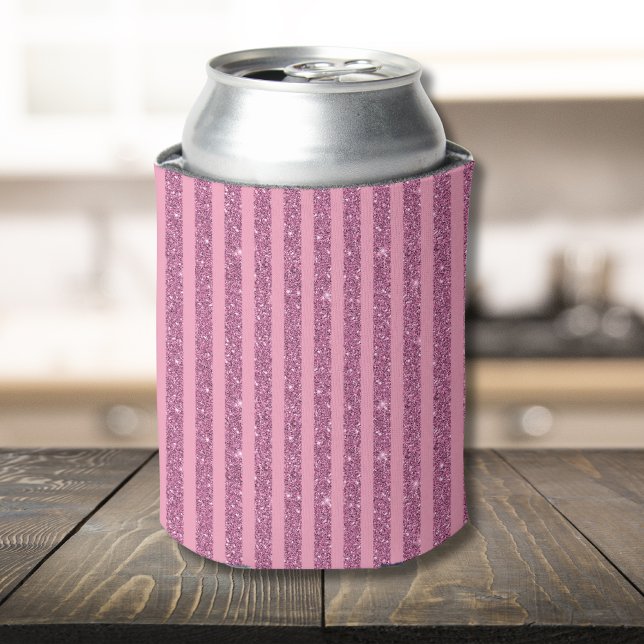 Chic Blush Pink Glitter Style Vertical Stripes Can Cooler (Creator Uploaded)