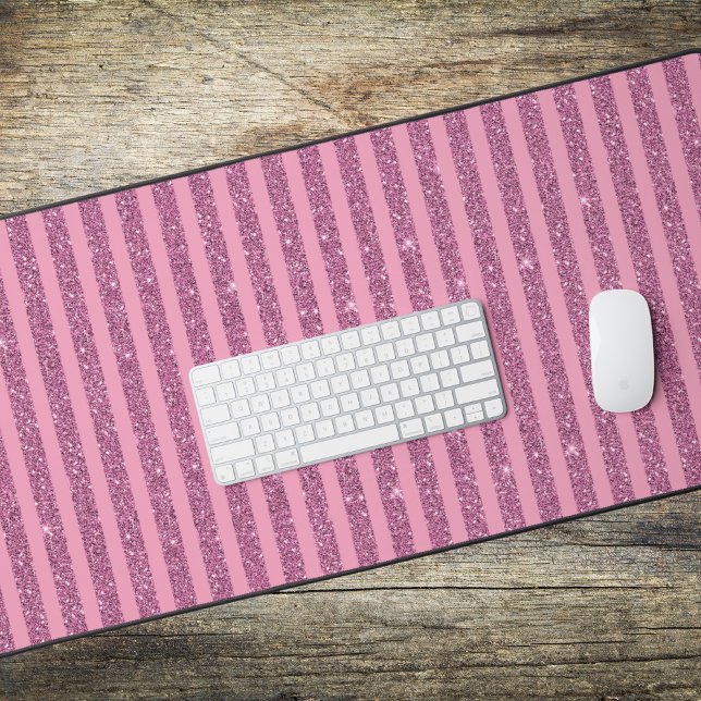 Chic Blush Pink Glitter Style Vertical Stripes Desk Mat (Creator Uploaded)
