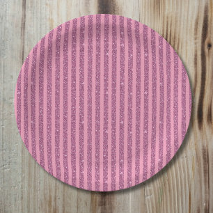 Chic Blush Pink Glitter Style Vertical Stripes Paper Plate