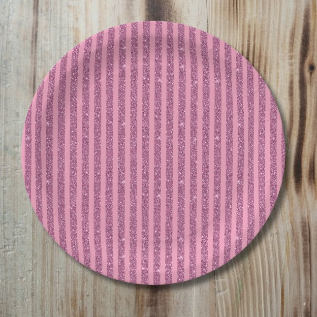 Chic Blush Pink Glitter Style Vertical Stripes Paper Plate (Creator Uploaded)