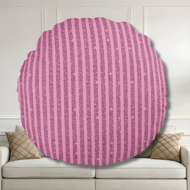 Chic Blush Pink Glitter Style Vertical Stripes Round Cushion (Creator Uploaded)