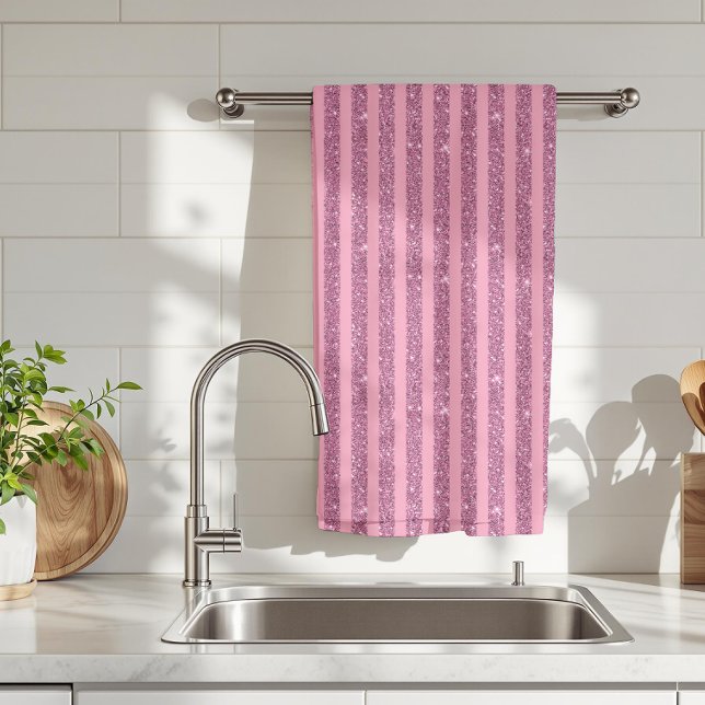 Chic Blush Pink Glitter Style Vertical Stripes Tea Towel (Creator Uploaded)