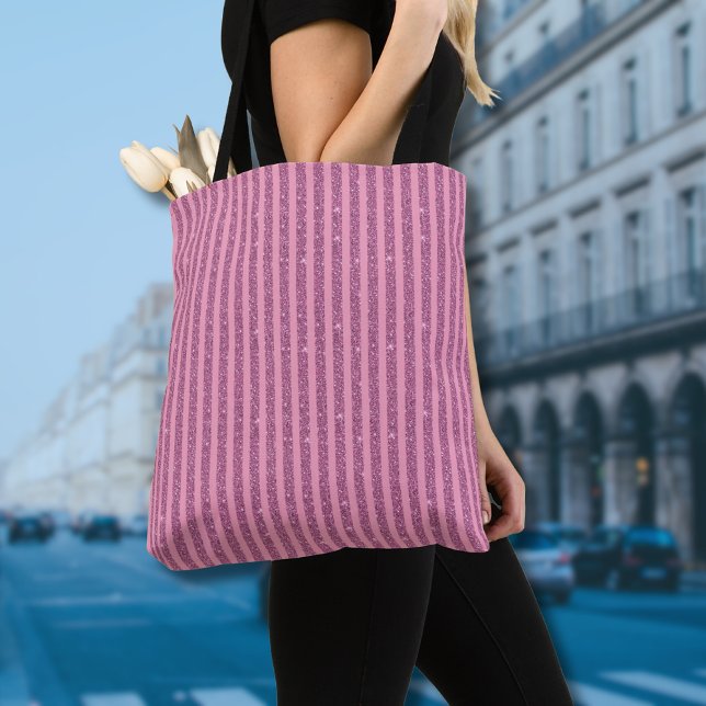 Chic Blush Pink Glitter Style Vertical Stripes Tote Bag (Creator Uploaded)