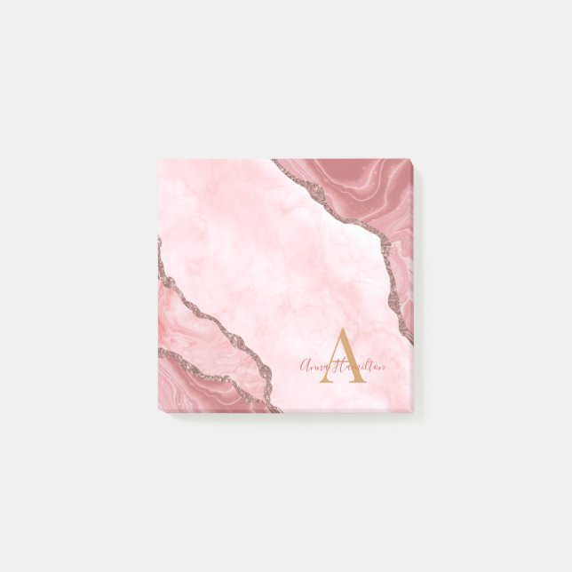 Chic Blush Pink Gold Agate Geode Monogram Post-it Notes (Front)