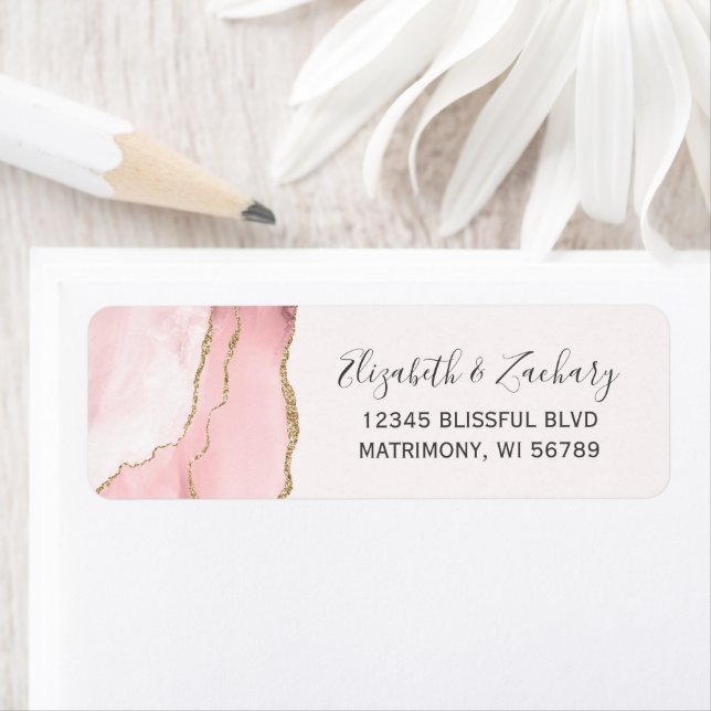 Chic Blush Pink Gold Agate Wedding Return Address Label (Insitu)