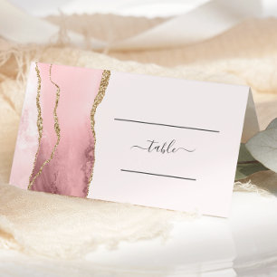 Chic Blush Pink Gold Agate Wedding Table Place Card
