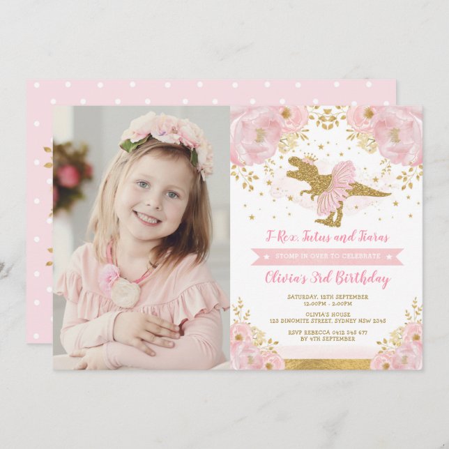 Chic Blush Pink Gold Dinosaur T Rex Girl Birthday Invitation (Front/Back)