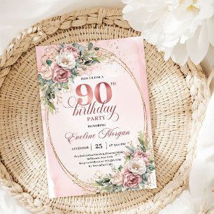 Chic Blush Pink Gold Eucalyptus 90th Birthday  Invitation
