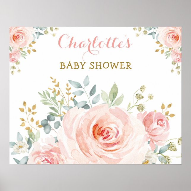 Chic Blush Pink Gold Floral Baby Shower Birthday Poster (Front)