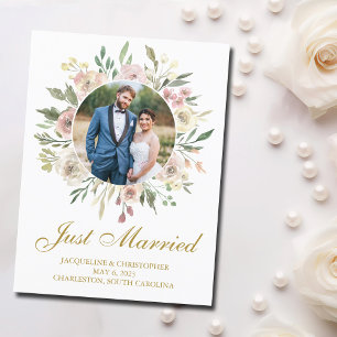 Chic Blush Pink Gold Floral Wedding Newlywed Photo Postcard