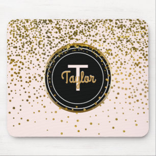 Chic Blush Pink Gold Glam Confetti Dots   Monogram Mouse Pad