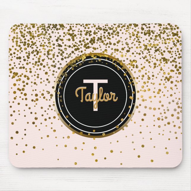 Chic Blush Pink Gold Glam Confetti Dots | Monogram Mouse Pad (Front)
