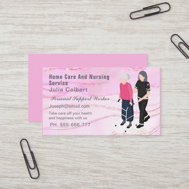 Chic Blush Pink Gold Glitter Marble Agat Caregiver Business Card (Front/Back In Situ)