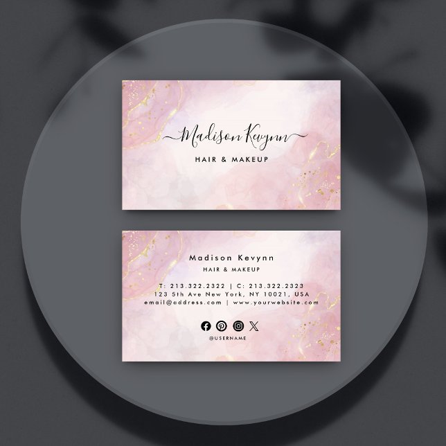 Chic Blush Pink Gold Glitter Marble Agate Monogram Business Card (Creator Uploaded)