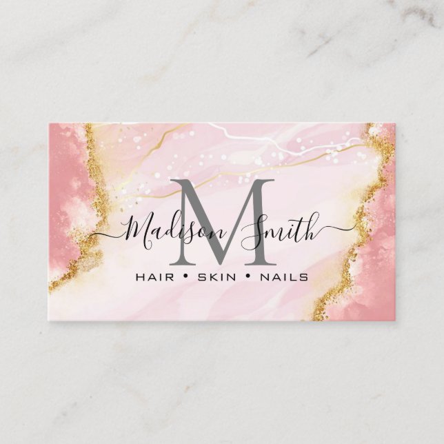 Chic Blush Pink Gold Glitter Marble Agate Monogram Business Card (Front)