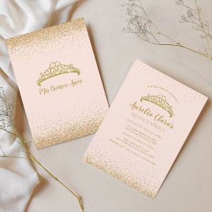 Chic Blush Pink Gold Glitter Tiara Quinceanera Invitation