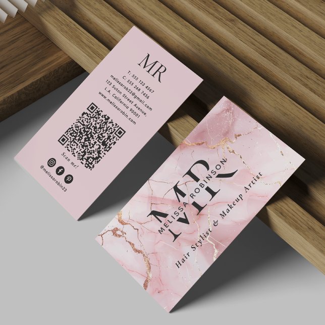 Chic Blush Pink & Gold Marble Monogram and QR Code Business Card (Creator Uploaded)