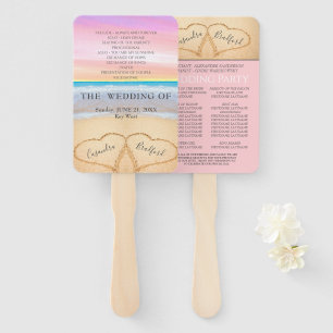Chic Blush Pink Hearts Sand Beach Wedding Program Hand Fan