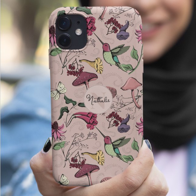 Chic Blush Pink Hummingbird Garden Monogram Case-Mate iPhone Case (Chic Blush Pink Custom Monogram & Name Hand-Drawn Hummingbird, Flowers & Mushrooms Illustration)