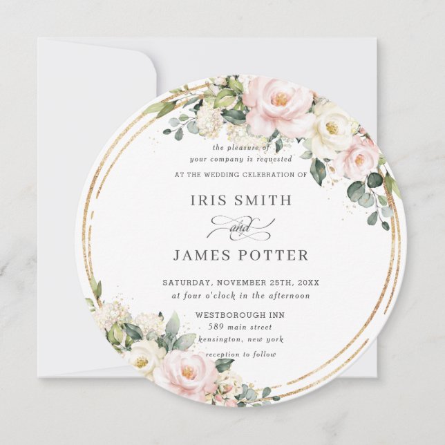 Chic Blush Pink Ivory Floral Gold Greenery Wedding Invitation (Front)