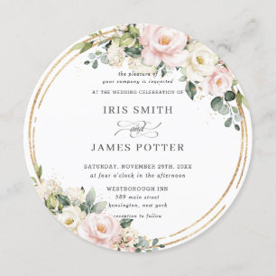 Chic Blush Pink Ivory Floral Gold Greenery Wedding Invitation