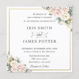 Chic Blush Pink Ivory Floral Gold Wedding Square Invitation