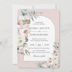 Chic Blush Pink Ivory Peonies Floral Arch Wedding Invitation