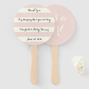 Chic blush pink ivory stripes script Baby Shower Hand Fan