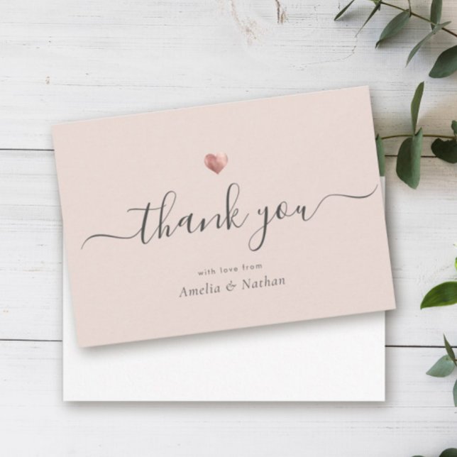 Chic Blush Pink Modern Script Rose Gold Heart Thank You Card (Creator Uploaded)