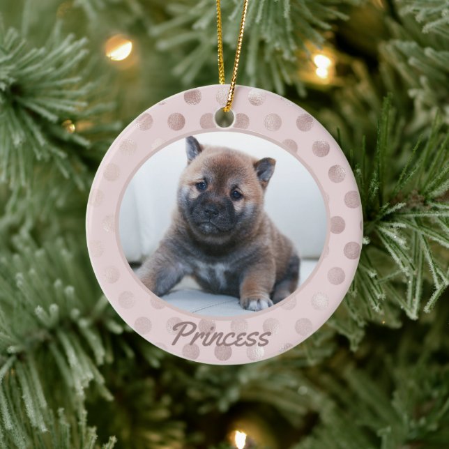 Chic Blush Pink Polka Dots Pet Photo Christmas  Ceramic Ornament (Tree)