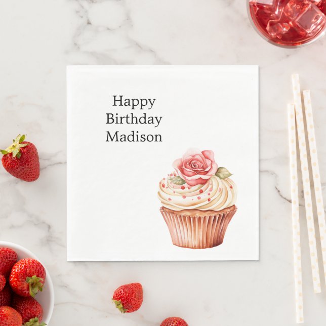 Chic Blush Pink Rose Cupcake Birthday Napkin (Insitu)