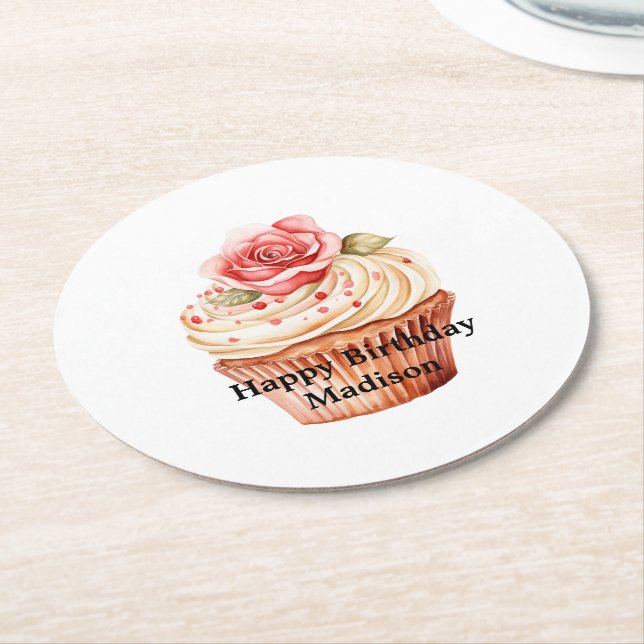 Chic Blush Pink Rose Cupcake Birthday Round Paper Coaster (Angled)