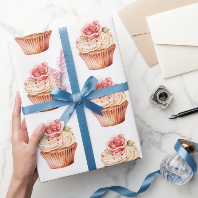 Chic Blush Pink Rose Cupcake Birthday Wrapping Paper (Gifting)