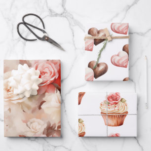 Chic Blush Pink Rose Cupcake Birthday Wrapping Paper Sheet