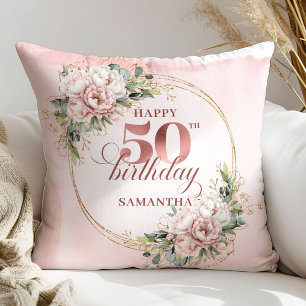 Chic Blush Pink Rose Gold 50th Birthday Pillow Gif