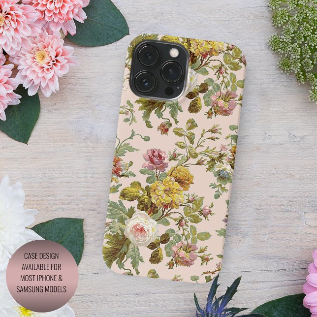 Chic Blush Pink Rose Yellow Flower Foliage Pattern iPhone Case (Creator Uploaded)