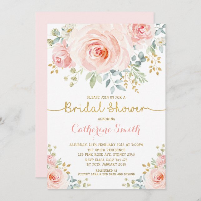 Chic Blush Pink Roses Bridal Shower Invitation (Front/Back)