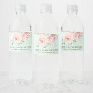 Chic Blush Pink Roses Floral Mint Birthday Party Water Bottle Label