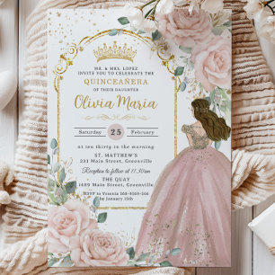 Chic Blush Pink Roses Floral Princess Quinceañera Invitation