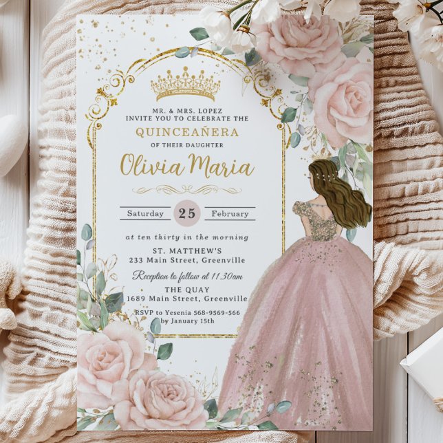 Chic Blush Pink Roses Floral Princess Quinceañera Invitation (pastel-soft-blush-pink-floral-roses-gold-arch-princess-dress-sweet-16-birthday-xv-quinceanera-invite)